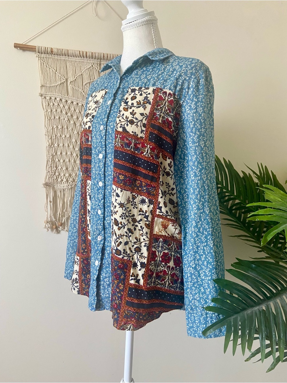 ODDI Blue Floral Patchwork Button Down Boho Blouse Small